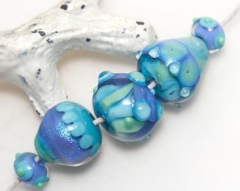 Blue Green Mixed Set with Dichroic and Dots Lampwork Glass Beads