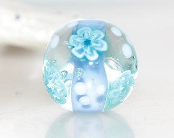 Turquoise Flowers on Periwinkle Lampwork Glass Round Focal Bead