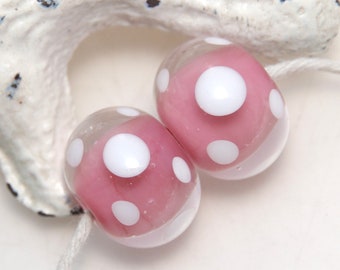 Pink with White Polkadots Lampwork Glass Bead Pair