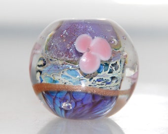 Purple and Blue Lustre Floral Round Handmade Lampwork Glass Bead