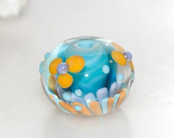 Turquoise Orange and Purple Flowers Lampwork Glass Focal Bead