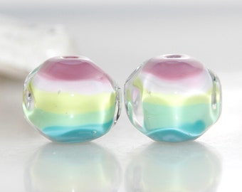 Pastel Pink Pea and Aqua Blue Striped Lampwork Glass Nugget Bead Pair