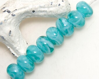 Wispy Light Teal and White Lampwork Glass Spacer Beads Set of 8