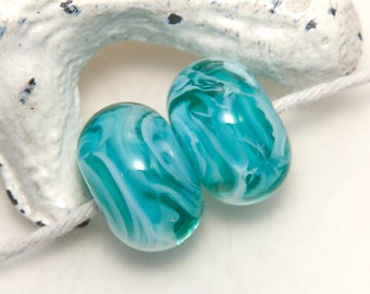 Wispy Teal Green and White Lampwork Glass Bead Pair