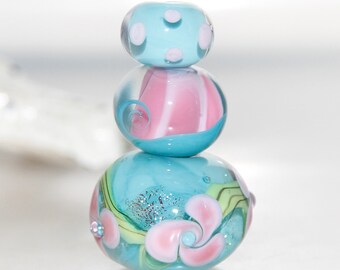 Pretty Pastel Flower Stack Blue and Pink with Dichroic Lampwork Glass Bead Set of 3