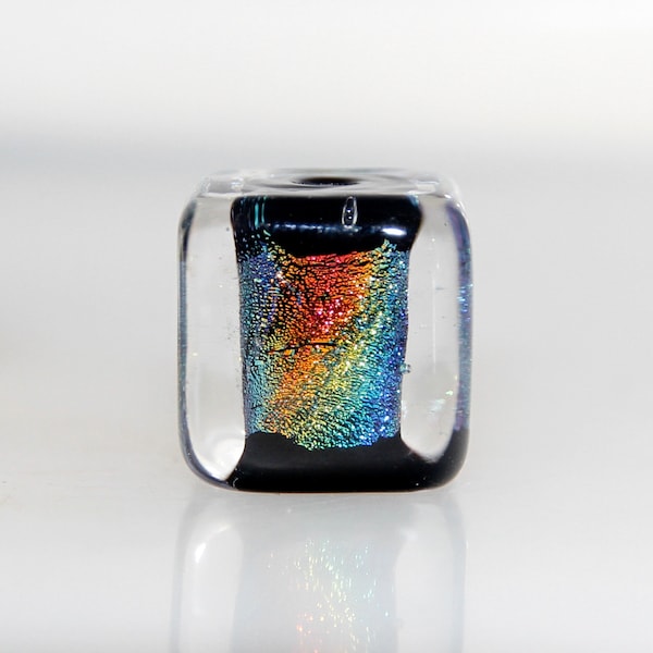 Black with Rainbow Dichroic Cube Handmade Lampwork Glass Bead