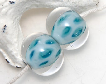 Duck Egg Blue Two Tone Spotted Lampwork Glass Bead Pair