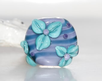 Purple Blue Striped with Turquoise Flowers Lampwork Glass Bead