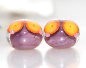 Grape with Orange and Yellow Carousel Top Lampwork Glass Bead Pair