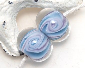 Blue and Purple Swirly Encased Lampwork Glass Bead Pair