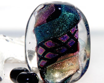 Colorful Striped Neon Dichroic on Black Handmade Lampwork Glass Focal Bead