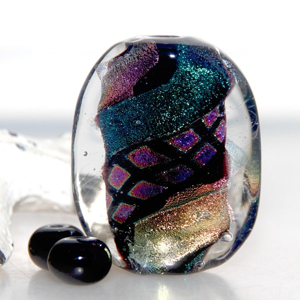 Colorful Striped Neon Dichroic on Black Handmade Lampwork Glass Focal Bead