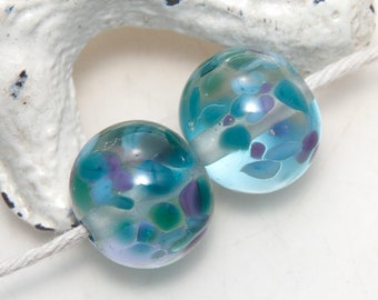 Transparent Teal and Purple Speckle Lampwork Glass Bead Pair