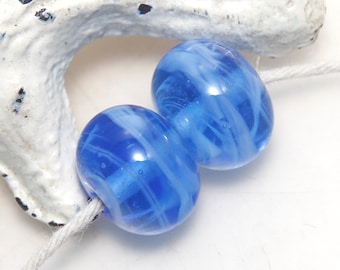 Wispy Blue and White Lampwork Glass Bead Pair