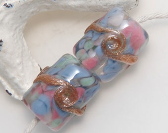 Faded Colourful Speckles with Goldstone Swirls Lampwork Glass Barrel Bead Pair
