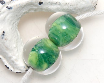 Rainforest Mixed Greens Lampwork Bead Pair