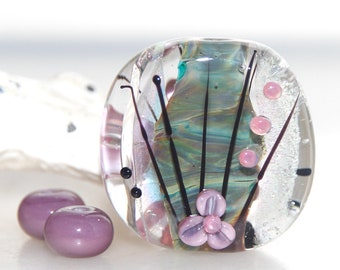 Pretty Side Dichroic Floral with Black Stripes Handmade Lampwork Glass Focal Bead