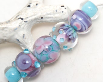 Pastel Pink Purple and Aqua Blue Mixed Lampwork Glass Bead Set of 6