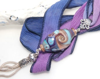 Artisan Lampwork Glass Tassel Pendant Sterling Silver Silk Gifts for Her