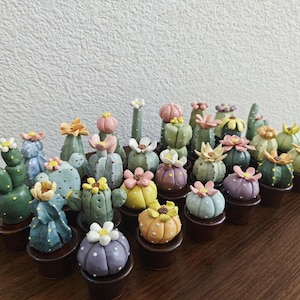 Könnte beinhalten: Eine Sammlung von 20 kleinen, handgefertigten Kaktusfiguren in verschiedenen Farben und Stilen. Jeder Kaktus ist in einem kleinen braunen Topf eingetopft und weist realistische Details auf, darunter Stacheln, Blüten und verschiedene Formen.