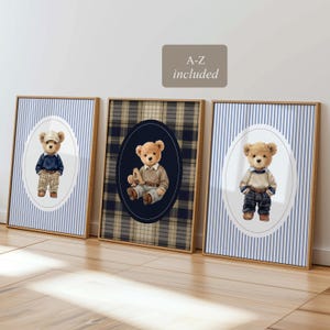 Personalized Preppy Teddy Bear Nursery Art | Set of 3 Prints Polo Bear | Custom Initial