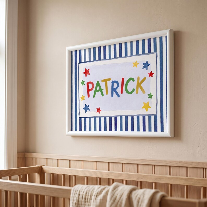 Personalized Name Print for Nursery | Navy Stripe Star Name Sign | Boy Nursery Wall Art | Custom Baby Name Print | Digital Download image 4