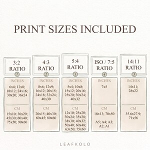 May include: A chart titled PRINT SIZES INCLUDED listing five aspect ratios: 3:2, 4:3, 5:4, ISO/7:5, and 14:11. Each column displays corresponding dimensions in inches and centimeters for various print sizes, with the brand name LEAFKOLO at the bottom.