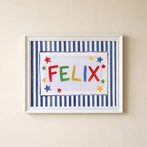 Personalized Name Print for Nursery | Navy Stripe Star Name Sign | Boy Nursery Wall Art | Custom Baby Name Print | Digital Download image 1