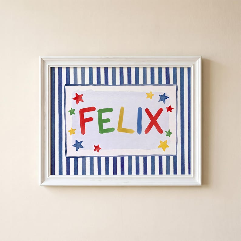 Personalized Name Print for Nursery | Navy Stripe Star Name Sign | Boy Nursery Wall Art | Custom Baby Name Print | Digital Download image 1