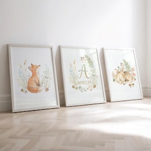 Woodland Nursery Set Of 3 | Custom Name & Initial Print | Fox Deer Baby Room Watercolor Art
