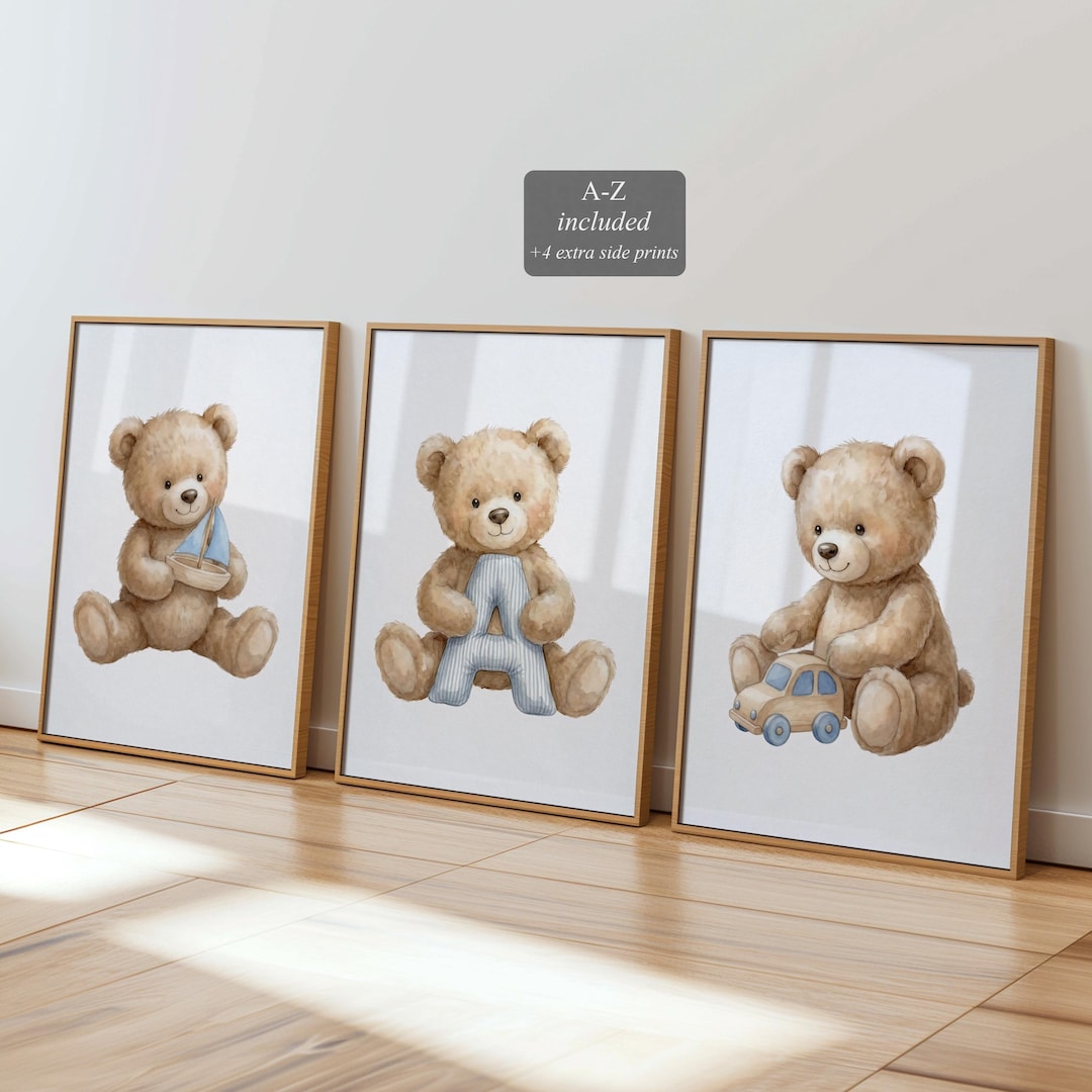 Blue Teddy Bear Nursery Wall Art | Set of 3 Personalized Initial | Boat ...