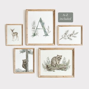 Woodland Initial & Animals Set of 5 Nursery | Botanical Monogram | Watercolor Prints