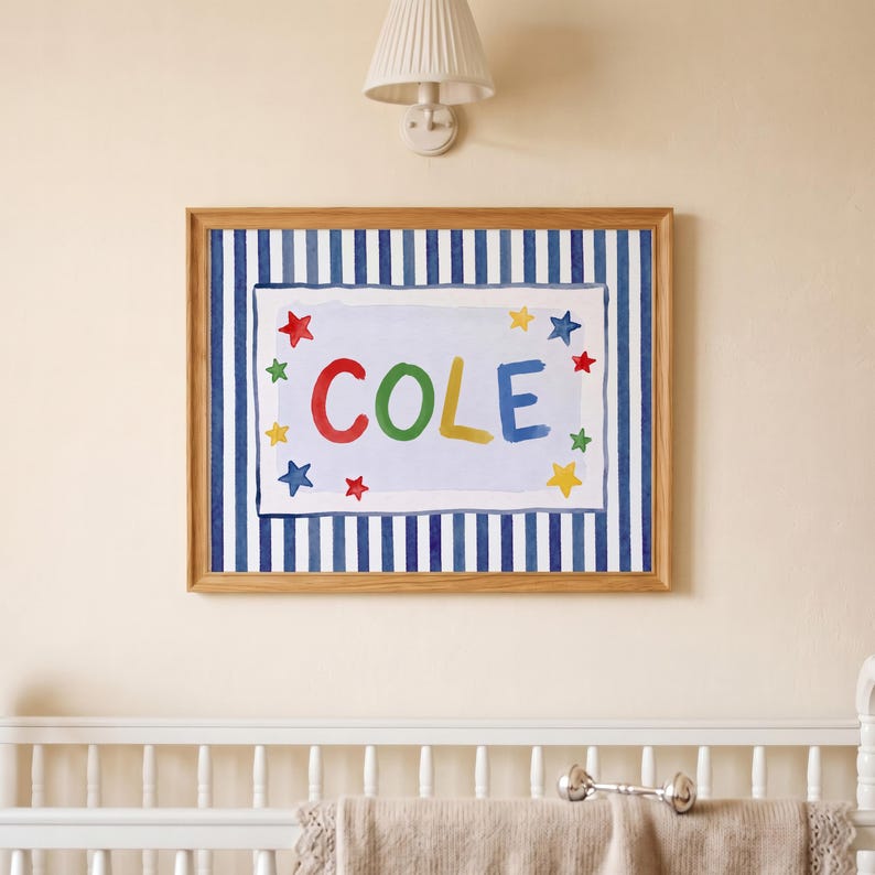 Personalized Name Print for Nursery | Navy Stripe Star Name Sign | Boy Nursery Wall Art | Custom Baby Name Print | Digital Download image 2