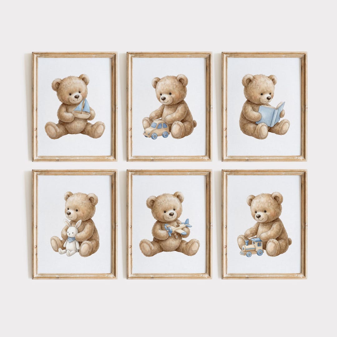 Blue Teddy Bear Nursery Prints | Set of 6 Wall Art | Boat Car Plane ...