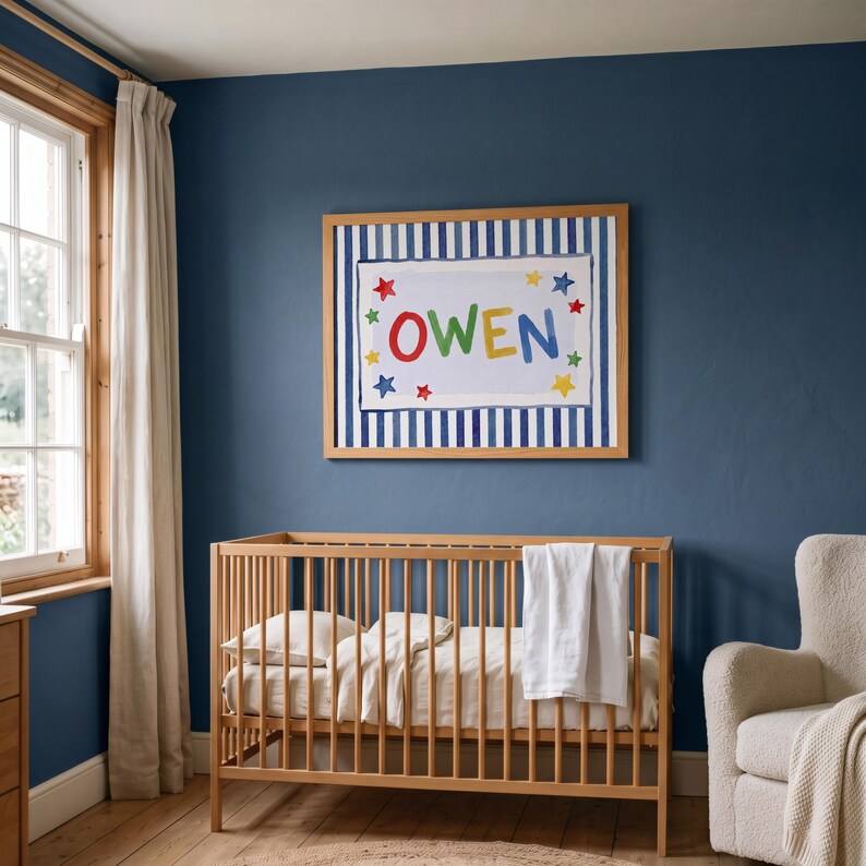 Personalized Name Print for Nursery | Navy Stripe Star Name Sign | Boy Nursery Wall Art | Custom Baby Name Print | Digital Download image 3