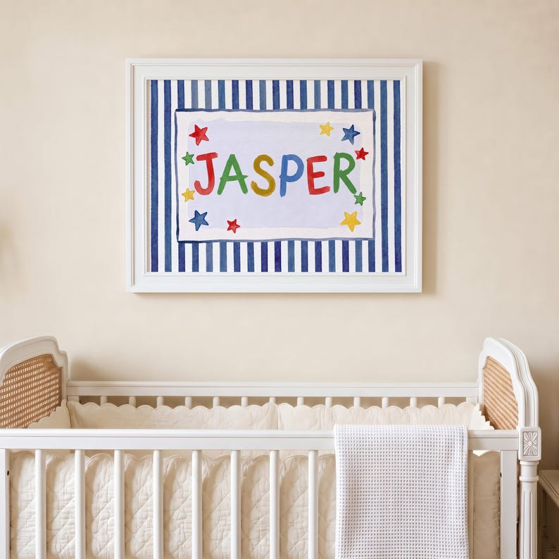 Personalized Name Print for Nursery | Navy Stripe Star Name Sign | Boy Nursery Wall Art | Custom Baby Name Print | Digital Download image 5