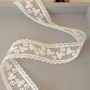 Könnte beinhalten: Eine Rolle weiße Spitzenborte mit zartem Blumenmuster, präsentiert neben zwei kleinen Garnrollen in Olivgrün und Beige. Die Spitze ist auf einer flachen, quadratischen grauen Oberfläche ausgebreitet und zeigt ihr filigranes Webmuster.