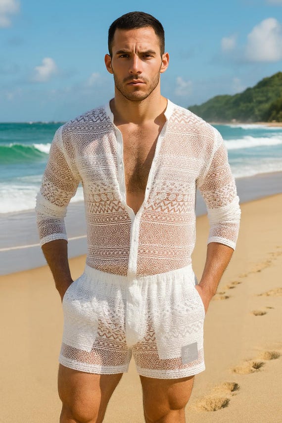 Chemise homme courte en dentelle à manches longues et short