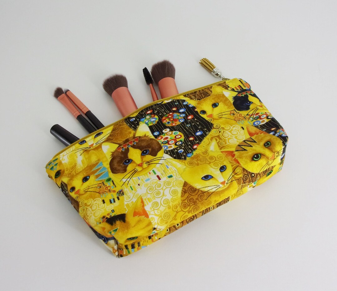 Cats Cosmetic Bag Makeup Bag Large Zipper Pouch Golden Bejeweled Cats