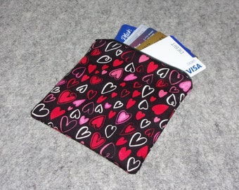 Hearts - Valentine Coin Purse - Gift Card Holder - Card Case -Small Padded Zippered Pouch - Red - Pink