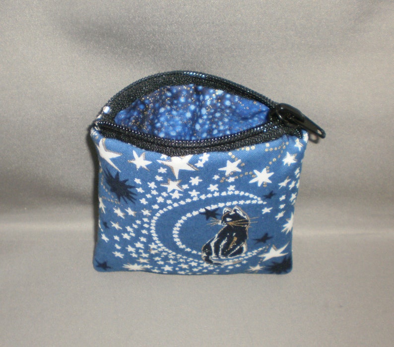Card Case -Small Padded Zippered Pouch Coin Purse Metallic Black Cat Moon and Stars Gift Card Holder Mini Wallet