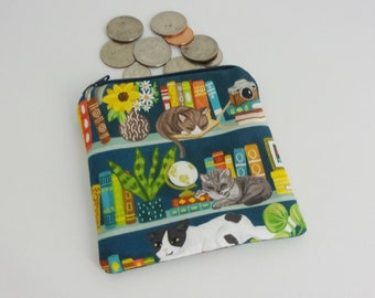 Cats - Coin Purse - Gift Card Holder - Card Case - Small Padded Zippered Pouch - Mini Wallet - Books