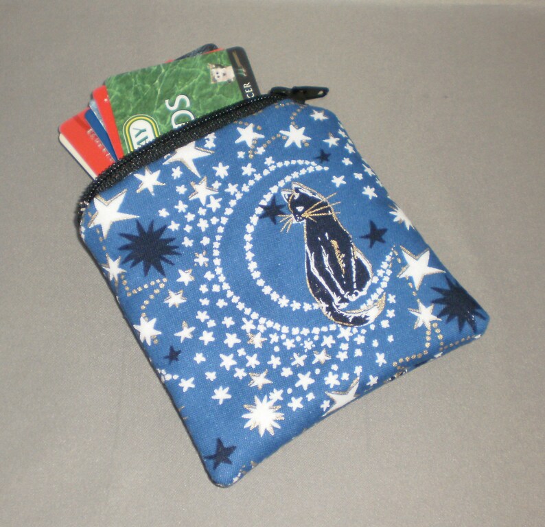 Card Case -Small Padded Zippered Pouch Coin Purse Metallic Black Cat Moon and Stars Gift Card Holder Mini Wallet