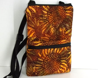 Sunflower Cross-body Bag - Smart Phone Purse - Passport Purse - Rust - Orange - Yellow - Batik
