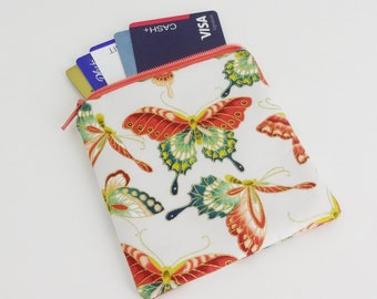 Butterfly - Coin Purse - Gift Card Holder - Card Case - Small Padded Zippered Pouch - Orange - Green