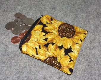 Sunflowers - Coin Purse - Gift Card Holder - Card Case - Small Padded Zippered Pouch - Yellow