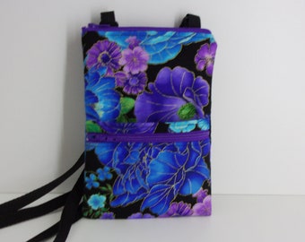 Bold Floral with Metallic Accents - Blue Purple Turquoise Green - Peony - Chrysanthemum Cross-body Bag - Smart Phone Purse - Passport Purse