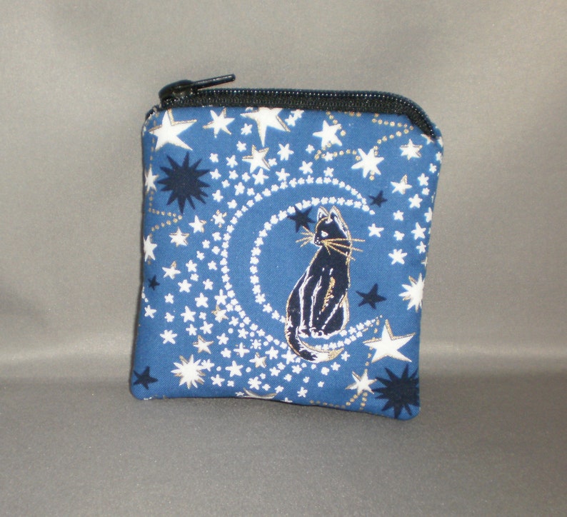 Card Case -Small Padded Zippered Pouch Coin Purse Metallic Black Cat Moon and Stars Gift Card Holder Mini Wallet