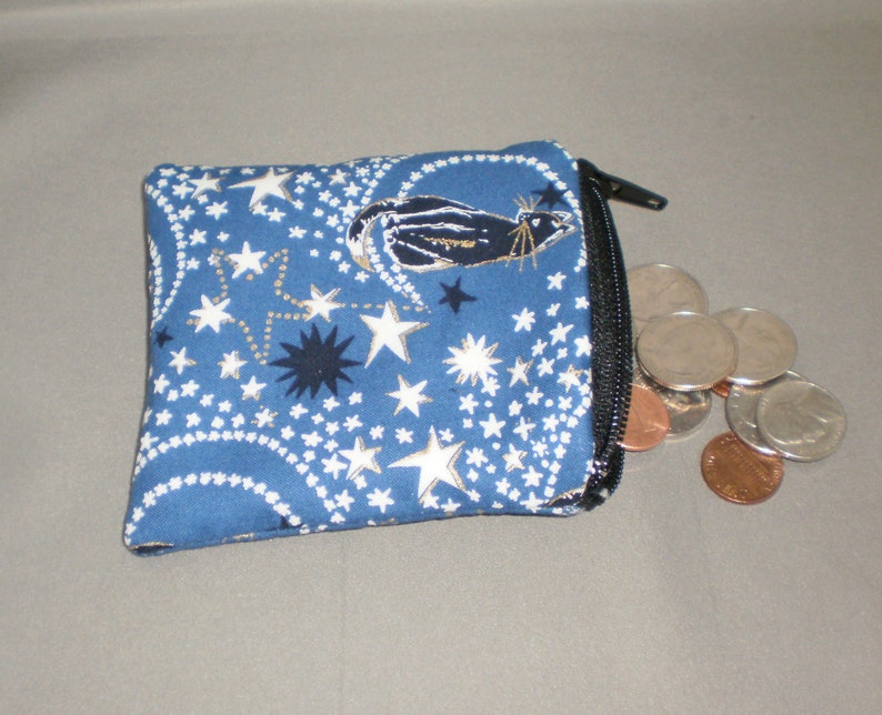 Card Case -Small Padded Zippered Pouch Coin Purse Metallic Black Cat Moon and Stars Gift Card Holder Mini Wallet
