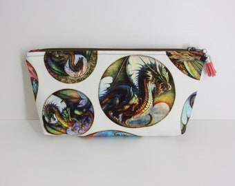 Dragons Cosmetic Bag - Makeup Bag - Large Zipper Pouch - Fire Breathing - Mythical